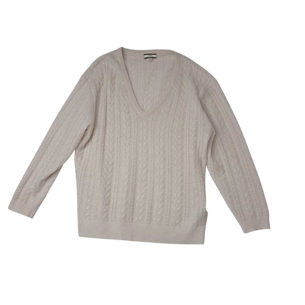 J. Crew Sweater Womens Small Ivory Cashmere Cable Knit V-Neck Quiet Luxury